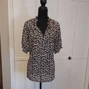 Loft Leopard Print Blouse Peasant Blouse Short Sleeve Size L